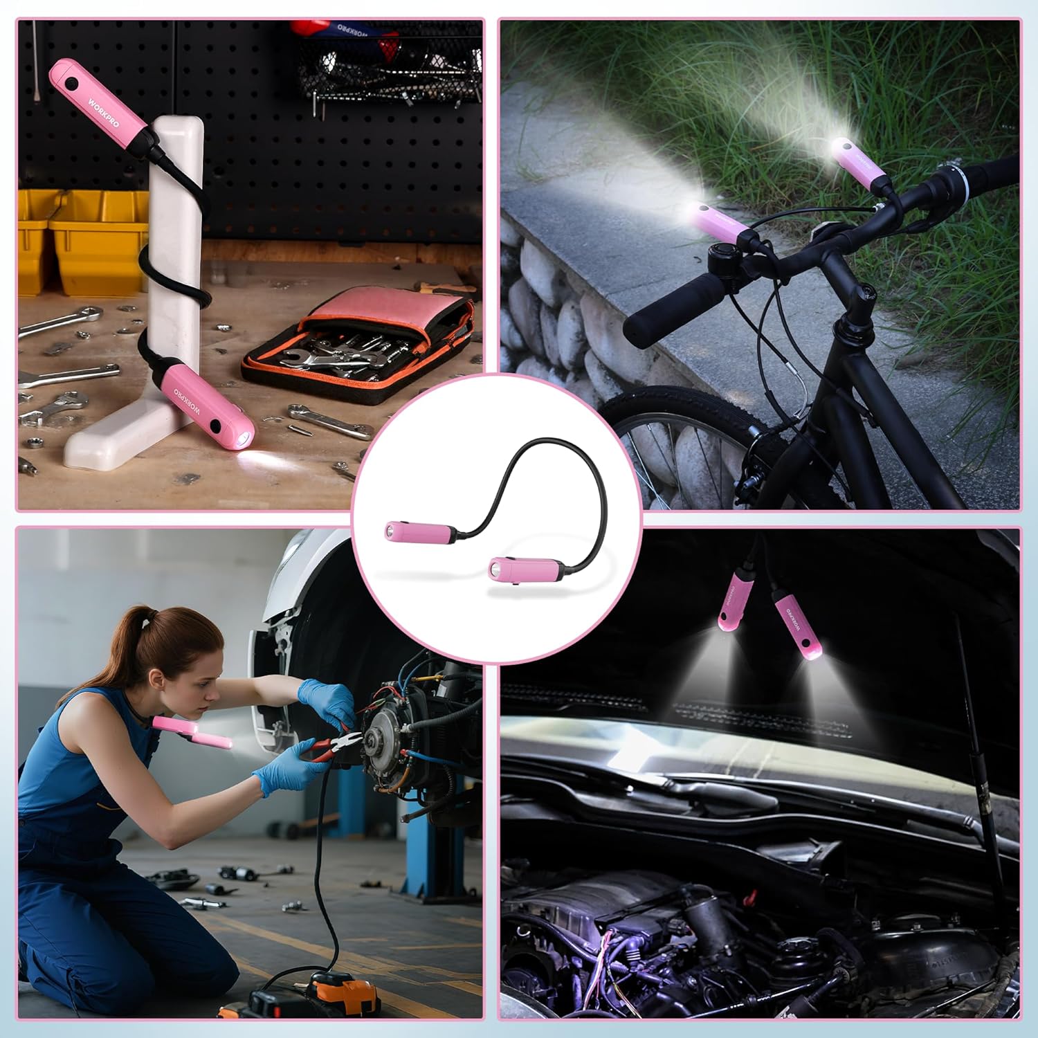 WORKPRO Rechargeable Neck Light for Hands-Free Lighting, 3 Brightness Levels 300 Lumens Neck Light, Bendable Silicone Arm, Great for Mechanics, Reading, Camping, DIY Projects, Crafting, Pink Ribbon